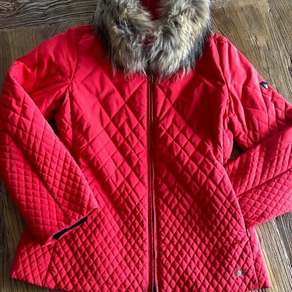 POST CARD Luxury Red Quilted Jacket with Removable Fur Collar - Sz 8 - Picture 9 of 16